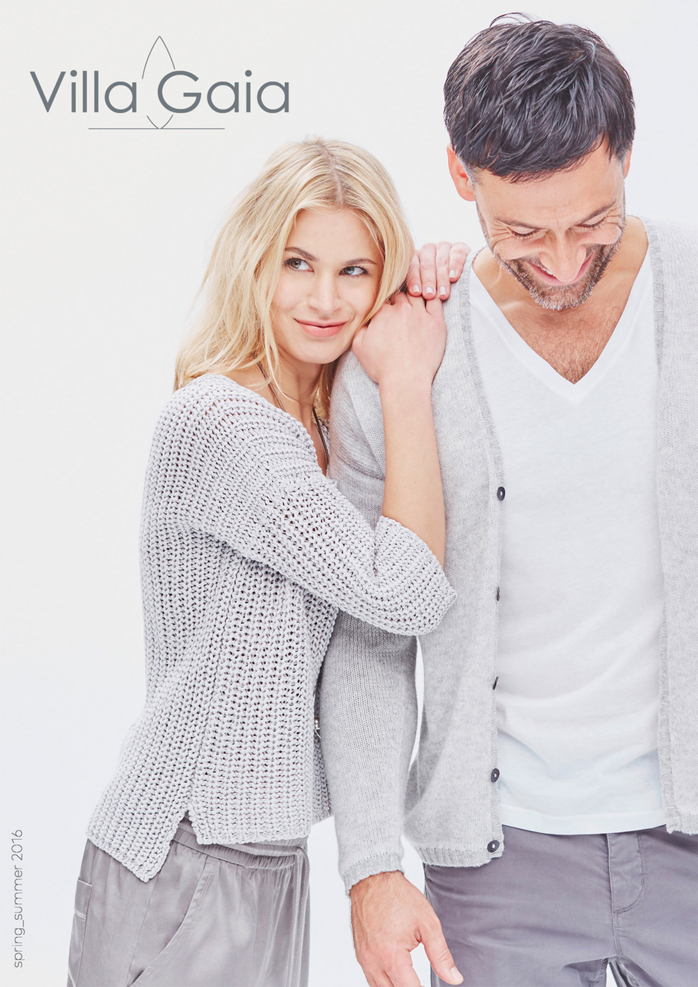 Villa Gaia spring/summer 2016 cover: couple in grey knitwear against a white background