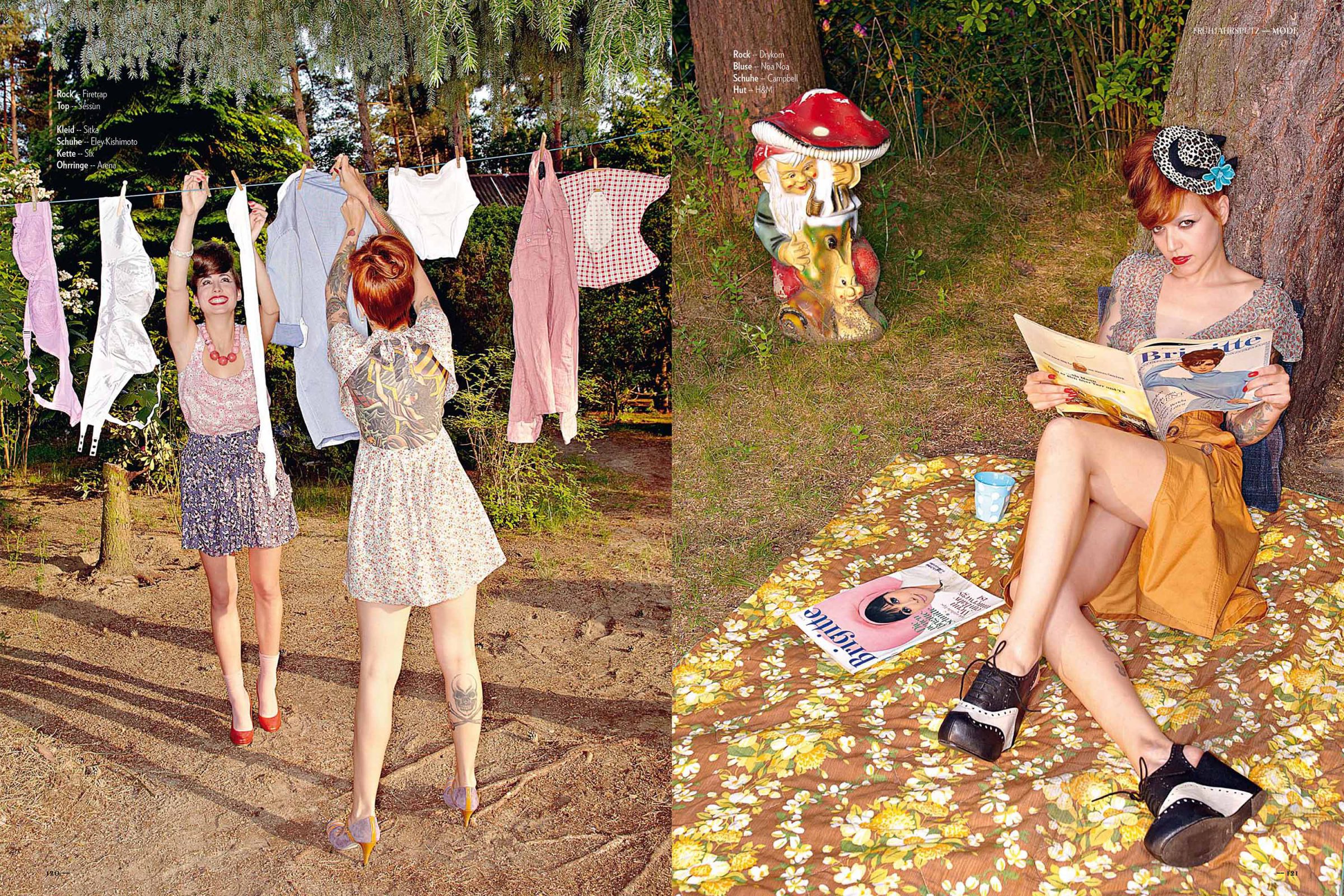 Magazine spread "Frühjahrsputz": models hanging laundry in a pine garden, one reading on a picnic blanket