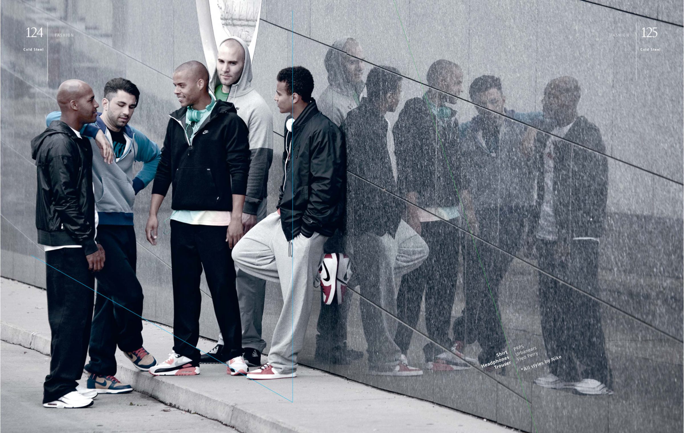 Spread from the "Cold Steel" story: five men in sportswear against a polished wall, mirrored in it