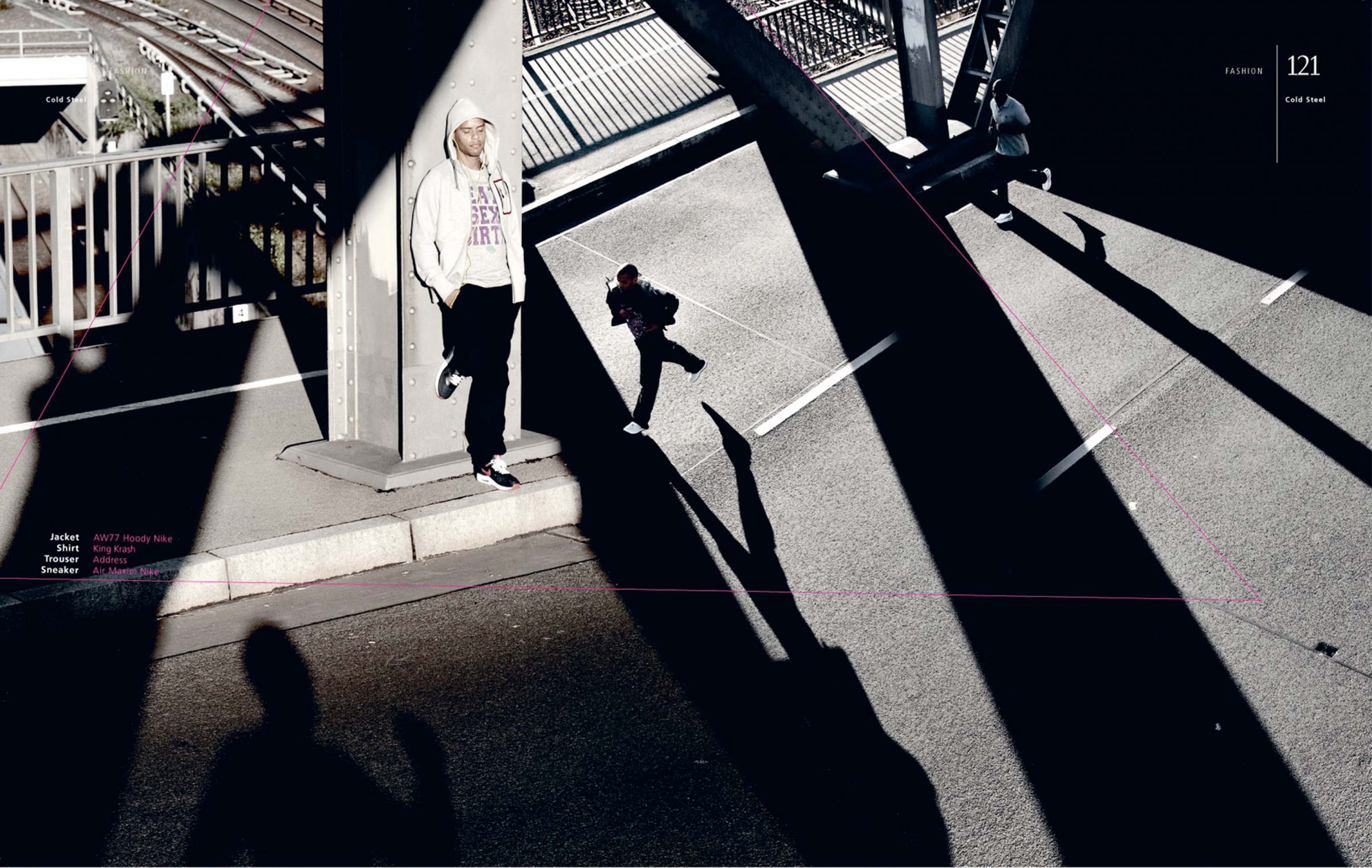 Spread from "Cold Steel": man in a hoodie against a bridge pillar, long shadows across the pavement