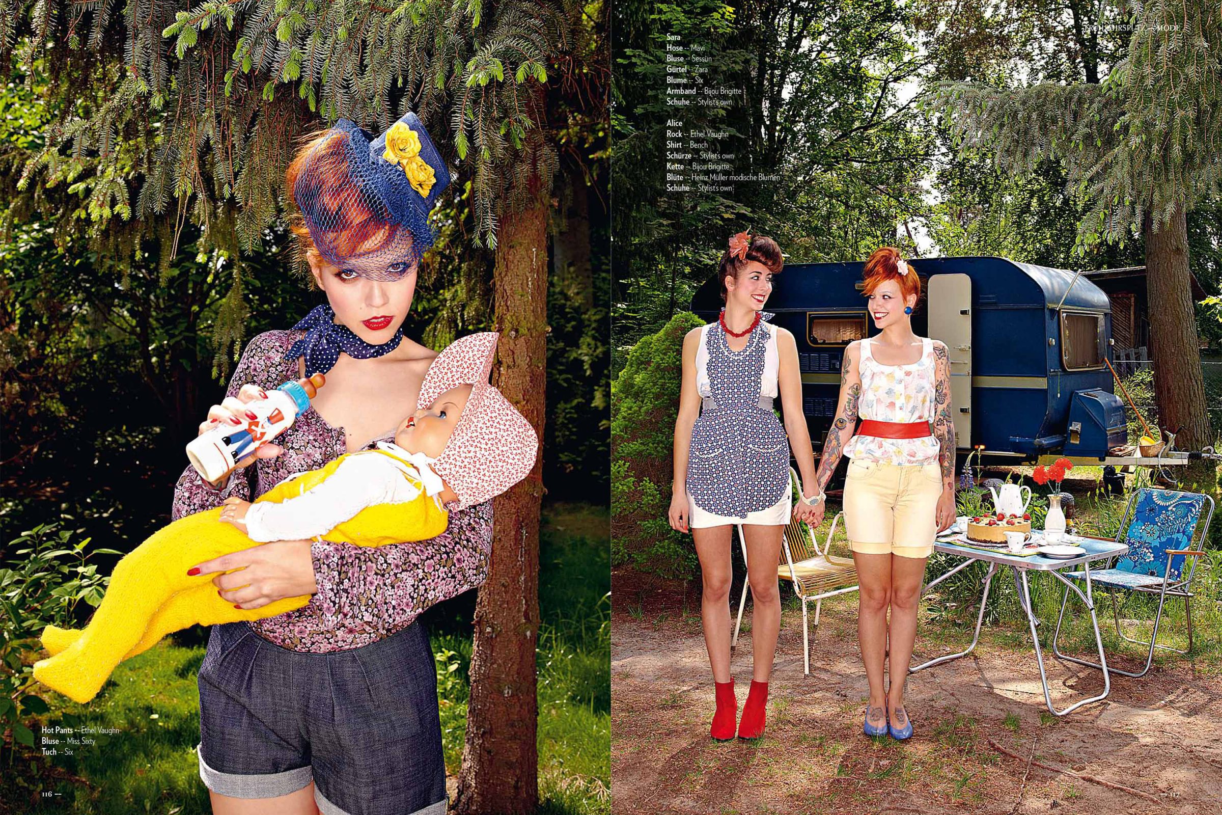 Spread from "Frühjahrsputz": model with a doll under a fir tree, two more by a blue caravan