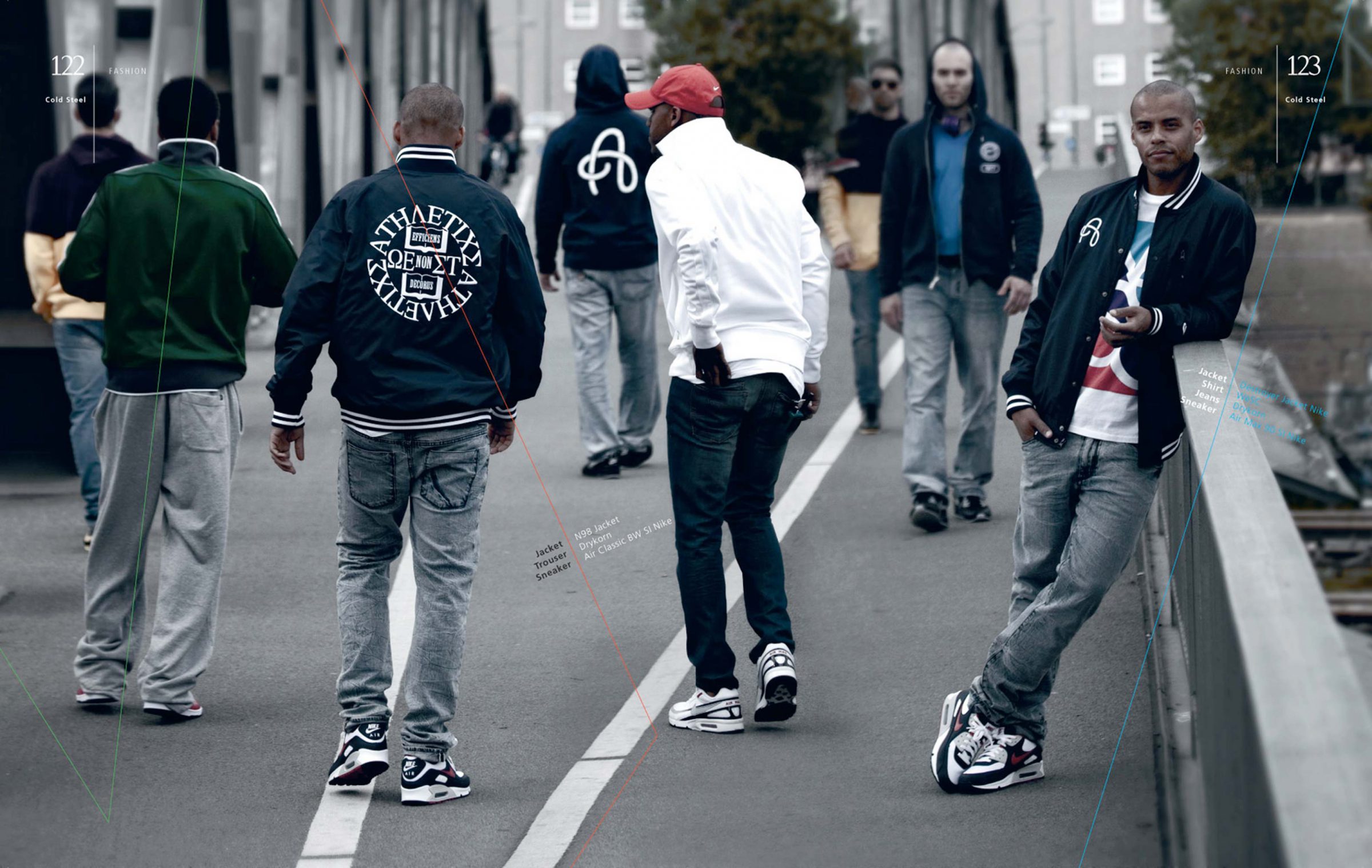 Spread from "Cold Steel": men in varsity jackets and sneakers on a city bridge