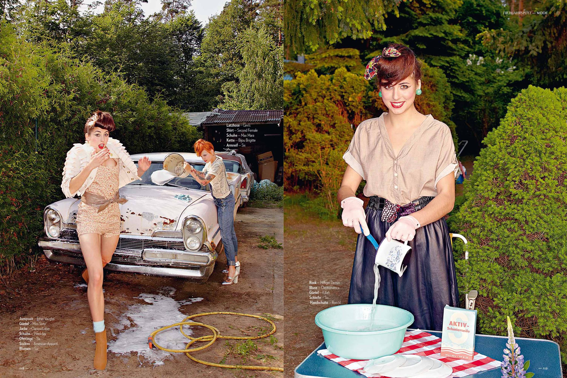 Spread from "Frühjahrsputz": two models washing a vintage car, one rinsing dishes outdoors