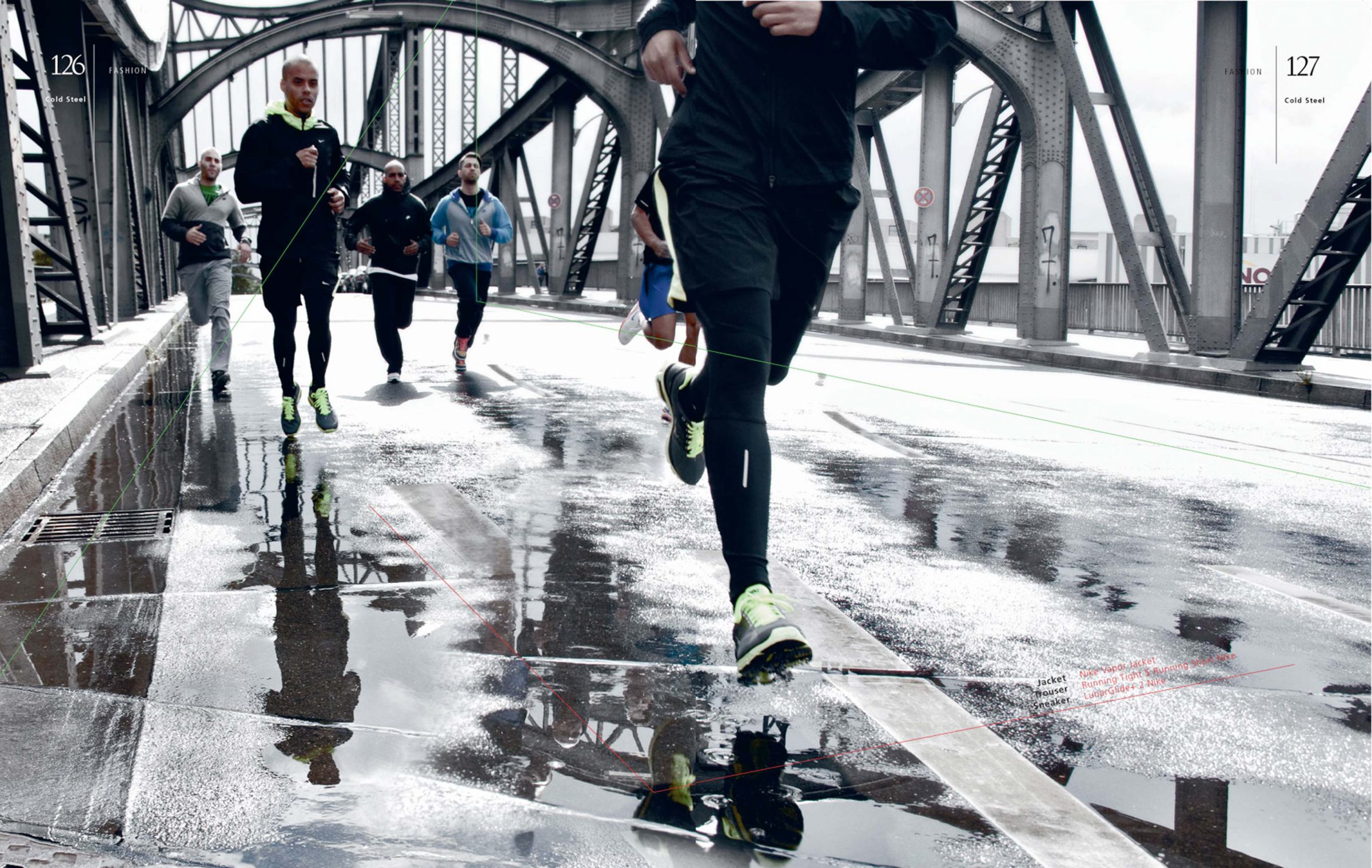 Spread from "Cold Steel": runners crossing a wet steel bridge in running gear